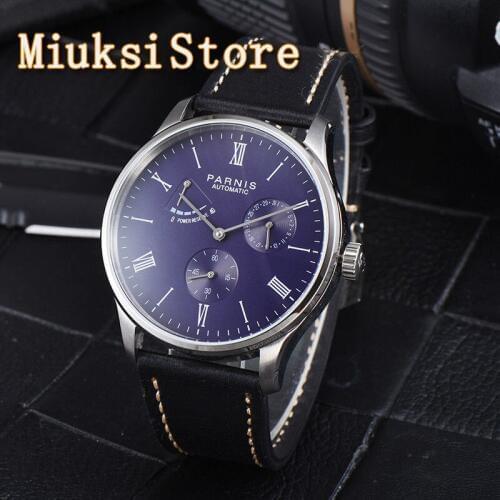 Parnis 41mm Silver Case Blue Dial Power Reserve Sea gull 1780 Movement Automatic Date Leather Strap Mens Wrist Watch