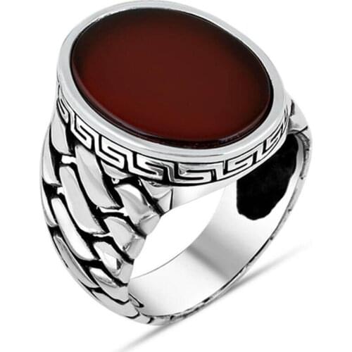 Men Silver Ring With Oval Burgundy Agate Stone and Chain Motif Made In Turkey Solid 925 Sterling Silver