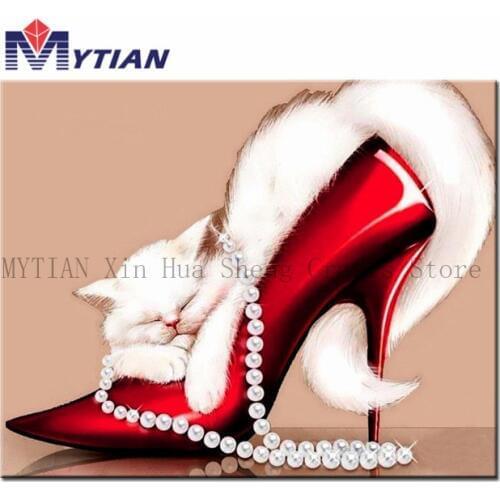 MYTIAN 5D Diy"Cat On The Red Shoes"Diamond Painting Cross stitch Diamond Mosaic Diamond Embroidery"Cats"Full Rhinestone Painting