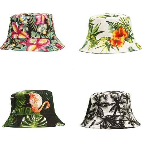 New Fashion Summer Coconut Tree Flower Printed Fisherman Caps Panama Bucket Hat Reversible Fishermans Hat Men Women