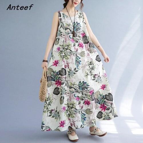 Sleeveless cotton linen vintage floral dresses for women casual loose long woman summer dress elegant clothes 2021
