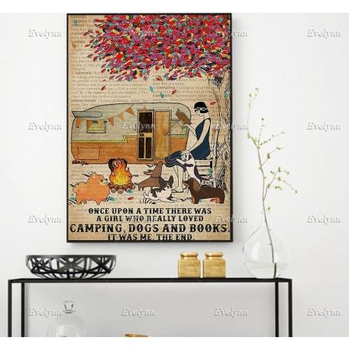 Camping Girl Once Upon A Time Book Dog Retro Poster/ Dog Lover Book Lover Wall Art Prints Home Decor Canvas Gift Floating Frame