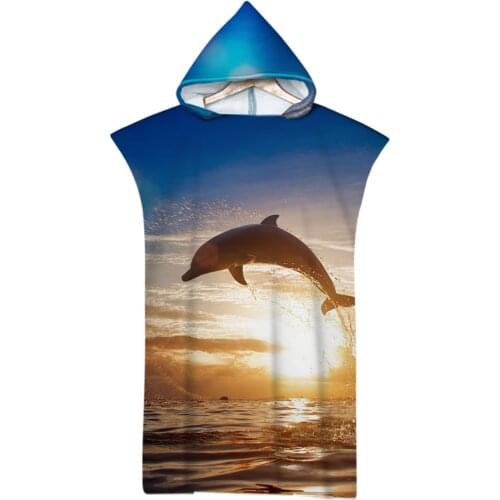 Novelty Gift Printed Sea Dolphin Sunrise Sunset unisex Hooded Poncho Towel Pool Swim Surf Beach towel Changing Robe
