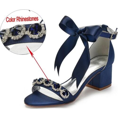 Luxury Colored Rhinestones Wedding Sandal for Bride Satin Open Toe Mid Heels Women Shoes Ankle Strap Fashion Party Sandal Summer