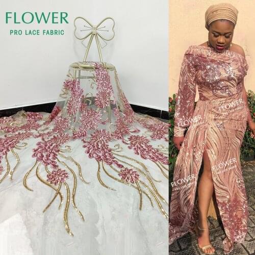 Pink Senegal French Sequins Mesh Net Lace Fabric Noble Embroidered Seuqined Tulle Bride Or Bridesmaid Material For Wedding
