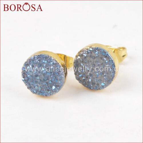BOROSA Drusy Crystal Stud Earrings for Women,10mm Round Gold Color Natural Crystal Druzy Titanium Rainbow Fashion Earrings G1278