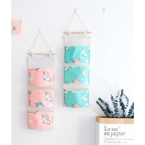 Unicorn three pocket hanging bag fabric hanging storage hanging bag simple ins hanging bag