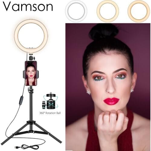 Vamson LED Ring Light Camera Ringlight Tripod Stand Holder for YouTube Tiktok Photography Video Photo Studio Lamp Kit VLS10C