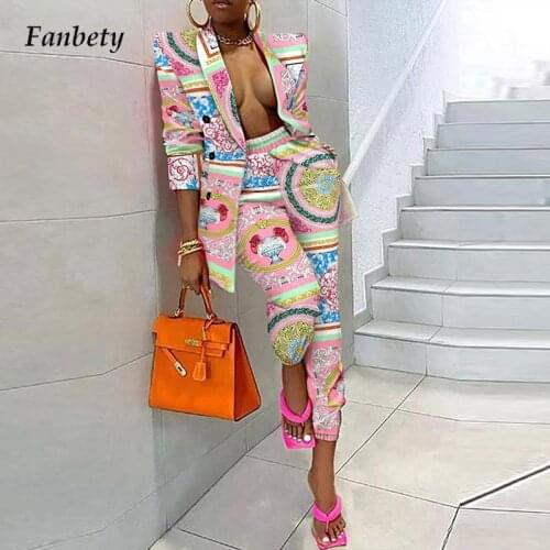 Elegant Pattern Printed Blazer Tops & Long Cargo Pants Women Autumn Sexy Turn-down Collar 2 Piece Set Fashion Long Sleeve Outfit