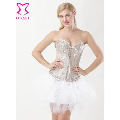 Beige Paisley Brocade Overbust Corselet Corset Skirt Tutu Gothic Dress Women Sexy Espartilhos E Corpetes Gothic Wedding Dresses