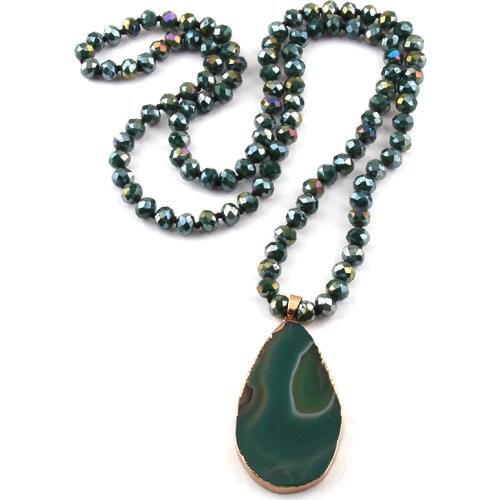 Free Shipping Fashion Green Glass Crystal Beads Knotted Agat Drop Pendant Necklaces Women Ethnic Necklace