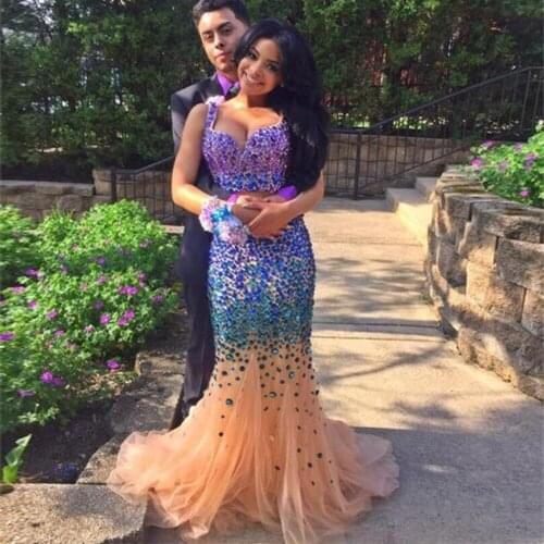 2019 Luxury Crystals 2 Piece Prom Dresses Mermaid Long Formal Evening Gowns Dress Purple Blue Galajurken Vestido de Festa Longo