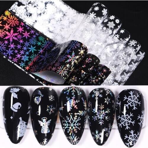 10pcs Laser Christmas Nail Foils Set Snowflake Star Xmas Pattern Nail Art Sticker Full Wraps Transfer Stickers for Nails Decor