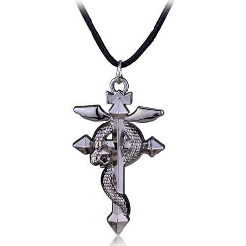 Fullmetal Alchemist Edward Necklace Elrics Flamel Cross Symbol Pendant With Rope Chain
