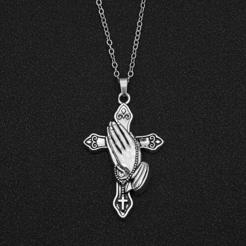 Stainless Steel Chains Necklace Silver Color Praying Hands Cross Zinc alloy Pendant Necklace For Women Fashion Jewelry Gift