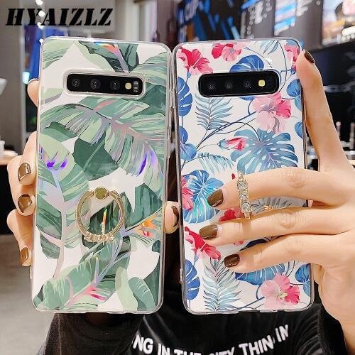 Laser Flower S20 Ultra Phone Case for Galaxy A71 A51 Note 10 S10 S8 S9 Plus A30 Colorful Plating Ring Holder Soft IMD Back Cover