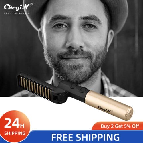 CkeyiN Foldable Electric Beard Brush Hair Iron USB Rechargeable Flat Iron Comb Beard Straightener Curling Iron Straightening