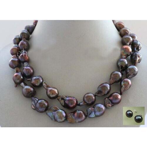 Double Genuine Natural 20mm coffee Baroque Reborn Keshi Pearl Necklace earring