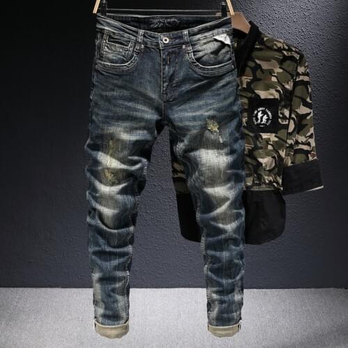 Italian Style Fashion Men Jeans Retro Black Blue Embroidery Elastic Cotton Ripped Denim Trousers Slim Fit Vintage Designer Pants