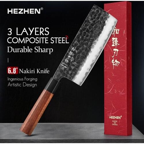 HEZHEN 6.8 Inches Nakiri Knife Three-layer Composite Steel Stainless Steel Rosewood Handle Kitchen Cooking Knives