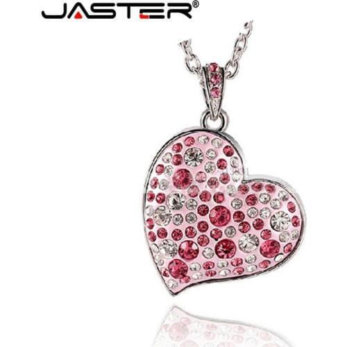 JASTER 100% Full Capacity !Diamond crystal heart USB Flash drive Memory Stick pendrive 4GB/8GB/16GB/32GB Love heart Necklace