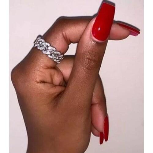 Top quality iced out bling 5a cubic zirconia cuban link chain shape design jewelry for women top quality band trendy finger ring