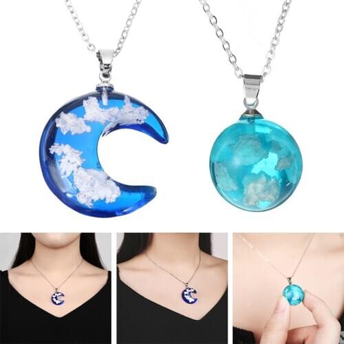 Creative Blue Sky White Clouds Resin Glass Necklace Charm Sky Pendant Silver Plated Moon Necklace Bohemian Jewelry Girls Gift