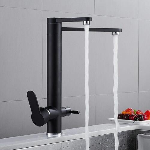 Filter Kitchen Faucet Drinking Water Hot & Cold Black Brass Pure Water Sink Mixer Tap With Dual Function Rotating Faucet