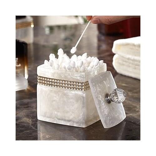 Luxurious White Square Toothpick Storage Box with Crystal Rhinestone Round Cotton swab box Cover Home Accessories