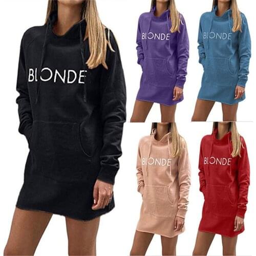Leosoxs 2020 Spring Autumn Fashion Sexy Hooded Womens Mini Dress Casual Loose Solid Letter Print Pocket Long Sleeve Lady Dress