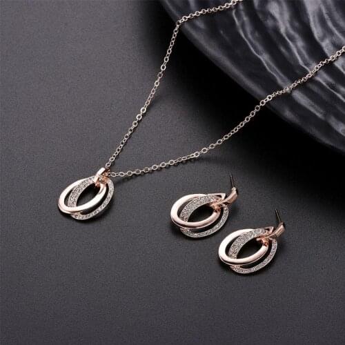 Fashion Hollow Double Oval Ring Jewelry Set Rhinestone Wedding Necklace Earrings
