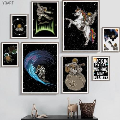 YQART Outer Space Planet and Astronaut Wall Art Canvas Painting Nordic Kids Room Posters and Prints Wall Decorative Pictures