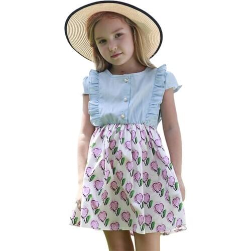1-6T Kids Girls Lovely Summer Dress Short Sleeve Button Heart Printed Patchwork Dress for Children Sweet Cute Clothes 2021 New