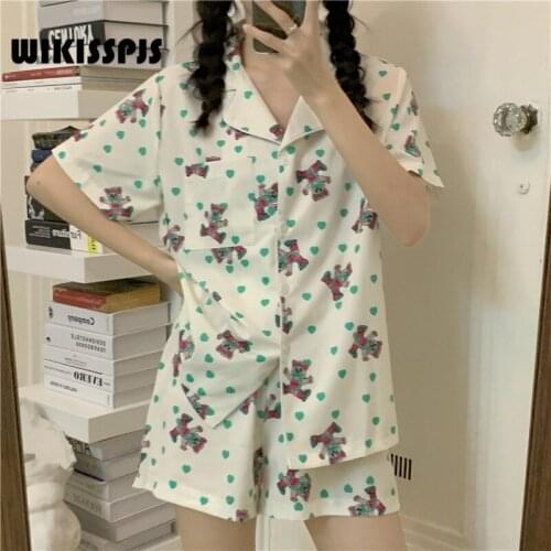 WIKISSPJS Summer New Love Bear Short Sleeve Pajama Set Korean Loose Casual Home Clothes Sleep Tops Womens Pajamas Sleepwear