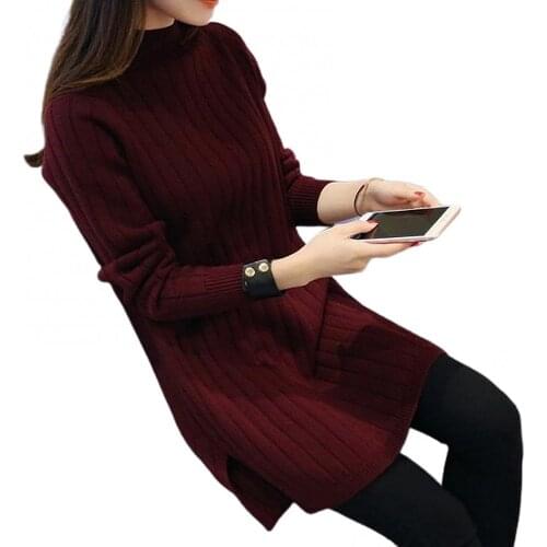 New Fashion Autumn Women Sweater Dress Solid Color Long Sleeve Loose Plus Size Turtleneck Long Pullover Winter