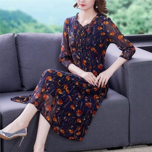 Large Size Silk Stretch Mesh Tie-Dye Printing Dress Women Spring Summer Autumn New Slim Elegant Floral Mid-Length Dress M128