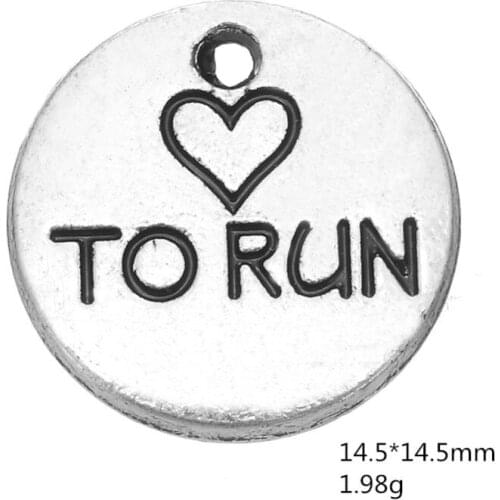 Antique Silver Plated Heart Love to Run Runner Charm Marathon Style Round Disc Engraved Pendant Wholesale