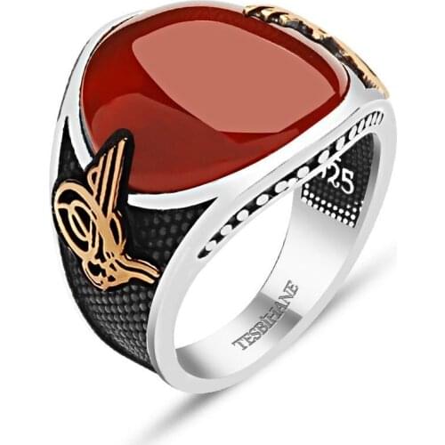 Tesbihane 925 Sterling Silver Tuğralı Zircon Round Ring