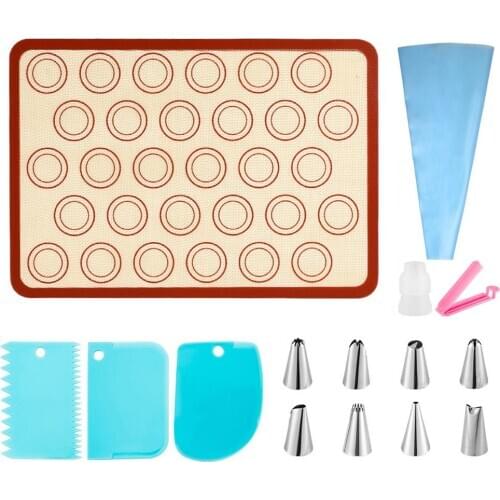 Silicone Baking Mat Tools Kit Nonstick Macaron Baking Mat Cake Cookies Pastry Decorating Piping Tips Bag Scraper Coupler Set