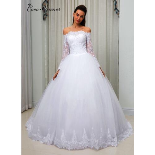 Vestido De Noiva Off The Shoulder Long Sleeves Ball Gown Wedding Dress robe de mariee Lace Vintage wedding-dress W0213