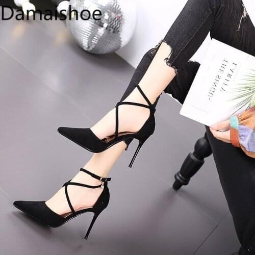 Black Pumps Teenage High Heels Womens Stiletto Heels 2021 Summer Cross Strap Hollowed Pointed-Toe All-Matching Low-Cut Shoes