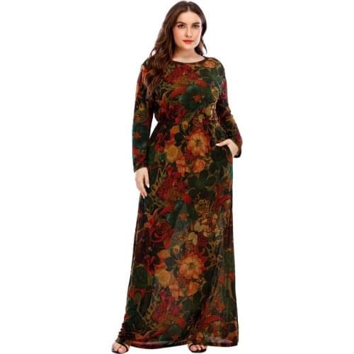 XL To 6XL Plus Size Dress Spring Autumn Long Sleeve Print Long Maxi Women Dresses High Waist Casual Robes T183052