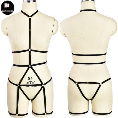 Women Sexy Lingerie Bondage Harness Rave Stockings Garter Belt Pole Dance Adjustable Body Harness Cage Bra Panties Set