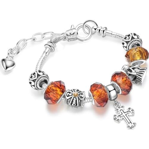 Womens DIY Bracelets Hot Sale Cross Pendant Christ Gift Pulseira New Arrival Orange Tone Glass Beads Wholesale Charm Bangle