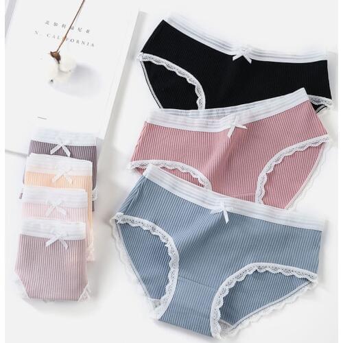 Cotton Panties Women Sexy Lace Briefs Set Antibacterial Underpants Girls Solid Color Underwear Lingerie 3 Pcs/lot Dropshipping