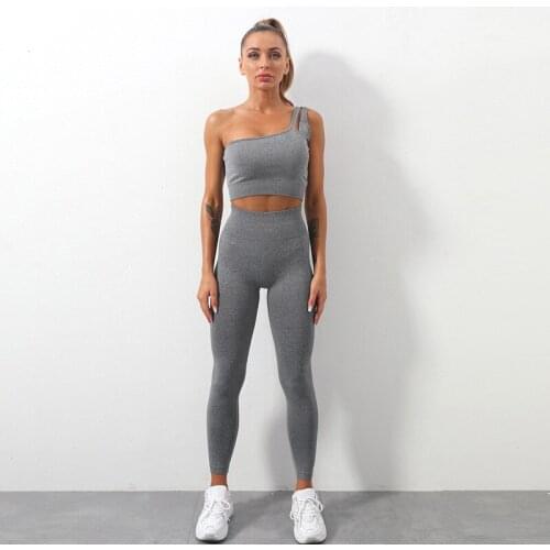 One Shoulder Sports Two Pieces Suit Women Plain Color Running Shockproof Trousers Yoga Sets Woman Fitness Cycling Set