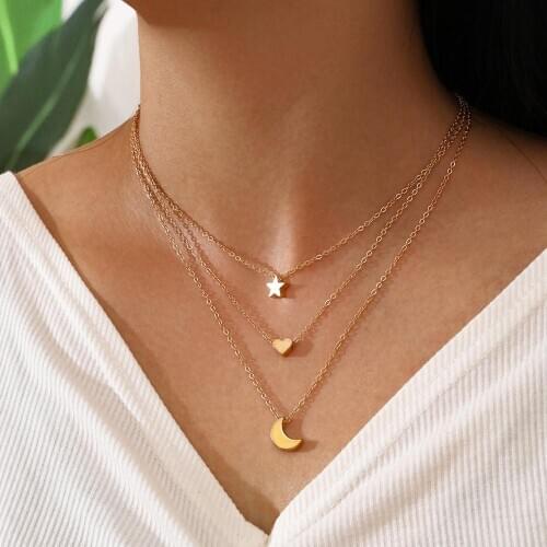 Bohemian Simple Star Moon Love Multi-layer Clavicle Chain Necklace For Women Summer Beach Surfing Jewelry Accessories