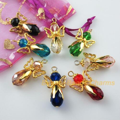 8Pcs Gold Color Wings Dancing Mixed Crystal Angel Charms Pendants 18x34mm