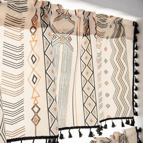 American Country Bohemian Curtain Linen Printed Orange Geometric Black Tassel Drapery Short Kitchen Coffee Half Partition S088#D