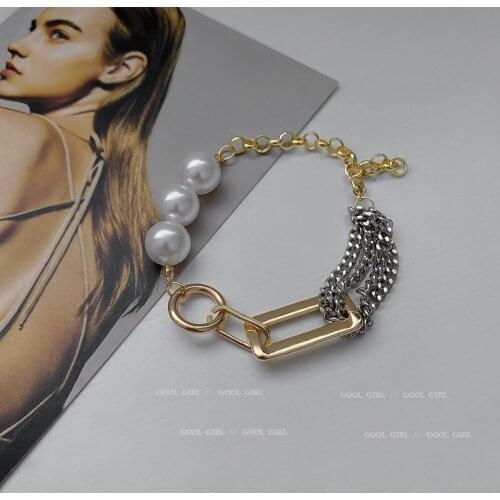 Geometric pearl circle splicing chain bracelet French simple cold wind jewelry hip hop personality jewelry accessories women